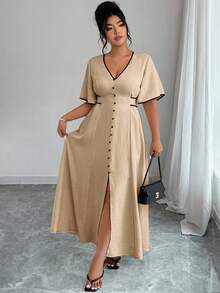 Elenzga Plus Size Women's Elegant V-Neck Ruffle Short Sleeve Contrast Binding Waist High Slit Hem Dress, Summer