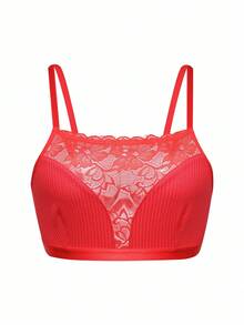 SHEIN Quần lót nữ thoải mái, có gân, họa tiết ren vá - Đỏ - Xem 7