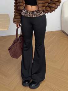 SHEIN EZwear Women's Fall New Sexy Knit Patchwork Leopard Print Faux Fur Low Waist Flare Pants - Black - View 6