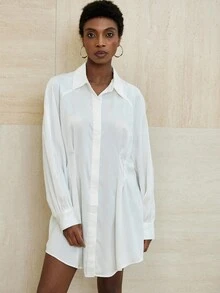 Aveloria Modichic Váy midi ôm sát, đơn giản, ve áo kiểu Pháp, tay áo raglan, tay dài dành cho nữ, váy satin màu xanh nhạt dành cho nữ thanh lịch - trắng - Xem 5