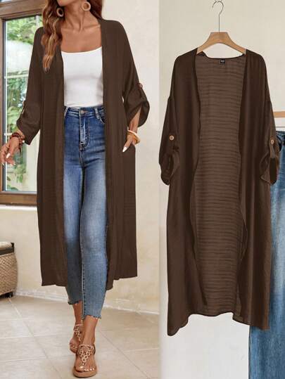EMERY ROSE Plus Size Women's Fashion Casual Cuffed Sleeve Open Front Long Cardigan,Fall Clothes For Women Winter Autumn