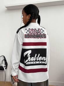 Tween 女童休闲英伦徽章印花立领长袖衬衫，宽松百搭，立领设计凸显颈部线条，正面和背面印花展现个性化街头风格，适合运动和街头服饰 - 白色 - 查看 4