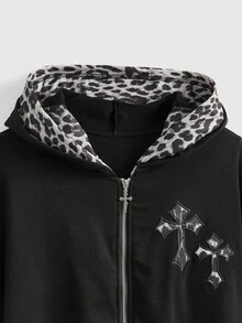 ROMWE Goth Conjunto de 2 piezas de sudadera con estampado de leopardo y pantalones con cordón - Negro - Ver 3