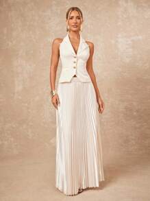 Lumalex Women's Off-White Summer Elegant Formal 2pcs Set,Metal Buckle V-Neck Ruched Waist Top & Satin Shiny Pleated Maxi Skirt,Old Money Wedding Guest Outfit - Apricot - View 2