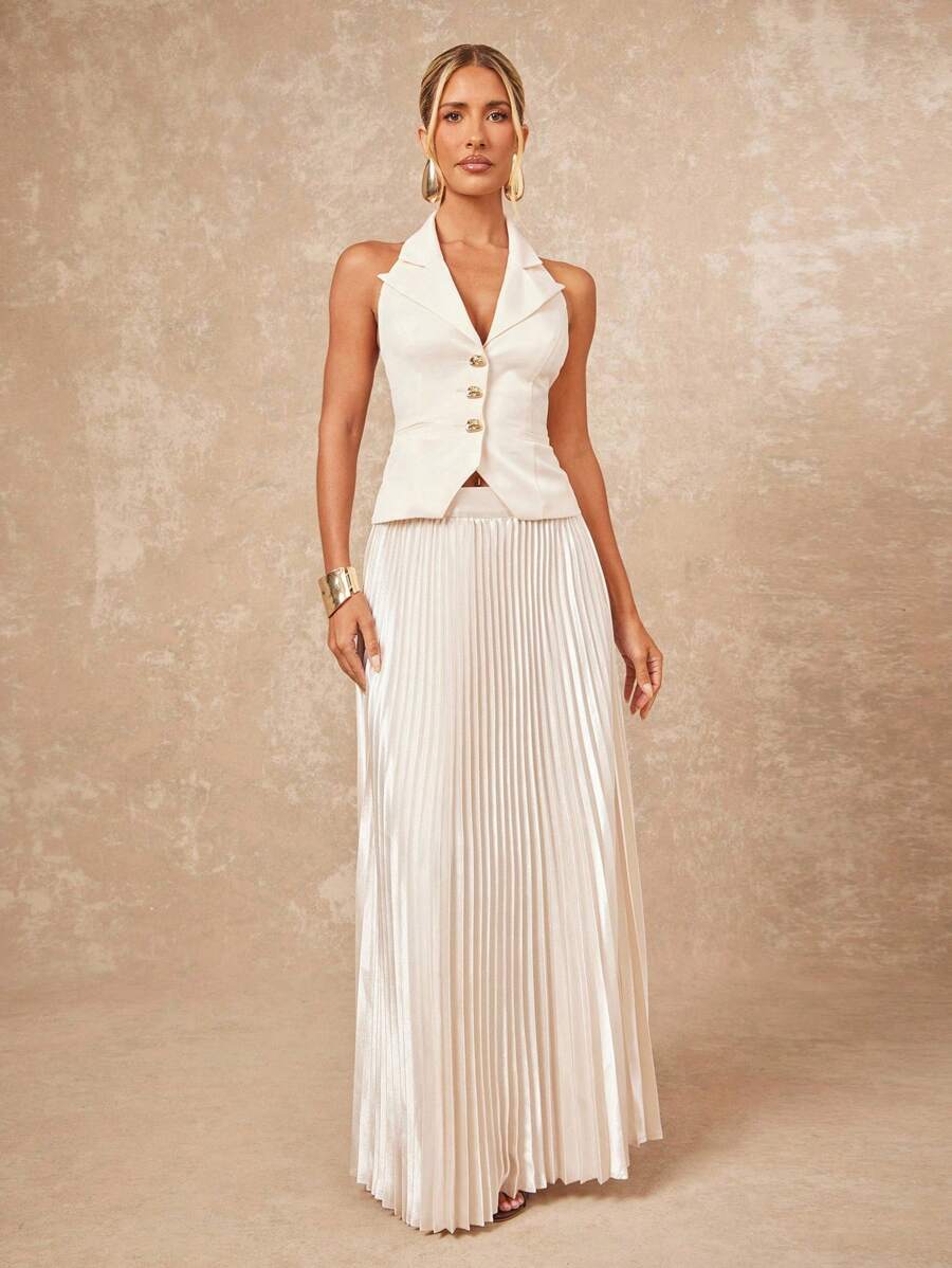 Lumalex Women's Off-White Summer Elegant Formal 2pcs Set,Metal Buckle V-Neck Ruched Waist Top & Satin Shiny Pleated Maxi Skirt,Old Money Wedding Guest Outfit