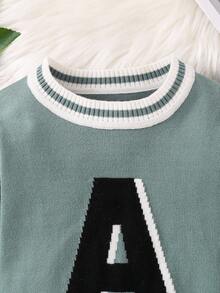 1pc Young Boy Casual School Comfortable Fashion Simple Practical Versatile Letter Graphic Contrast Color Crew Neck Long Sleeve Raglan Sweater, Boy, School, Back To School, Daily Wear, Outdoor, Sports, Autumn/Winter Knit Sweater Letter A Sweater Sweater With Letter Sweater Sweater Fall - Mint Green - View 5