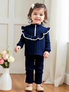 SHEIN Explorewe Baby Girl Ribbed Texture Color Block Ruffle Splice Zipper Stand Collar Casual Sports Suit Fall Winter - Royal Blue - View 7