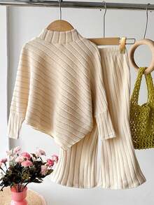 SHEIN Explorewe 年轻女孩休闲 T 恤套装，不对称设计高领针织羊毛面料纯色米色长袖 T 恤上衣搭配米色休闲喇叭裤，2 件套适合春季、秋季、冬季、返校、优雅女士日常穿着、郊游、旅行、派对 - 米色 - 查看 2