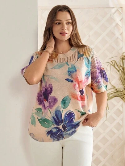 Rosumi 新款复古艺术扎染印花圆领轻薄针织套头衫，女款，春夏