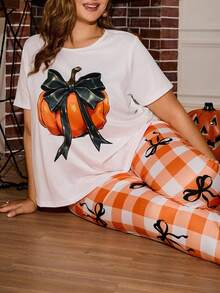 Miss Vinta Plus Size Bow Pumpkin Halloween Plaid Print Short Sleeve Pajama Set - Multicolor - View 4
