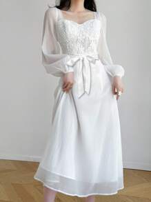 Modelyn 女式撞色蕾丝甜心领网眼长袖中长连衣裙 - 白色 - 查看 3