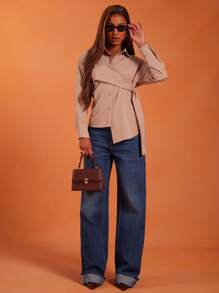 NYA SZN Top à manches longues avec col boutonné, cravate, tenue d'affaires, décontractée de tous les jours, modeste, de bureau, pour l'automne, déclaration, festival pour femmes - Tabac - Voir 1