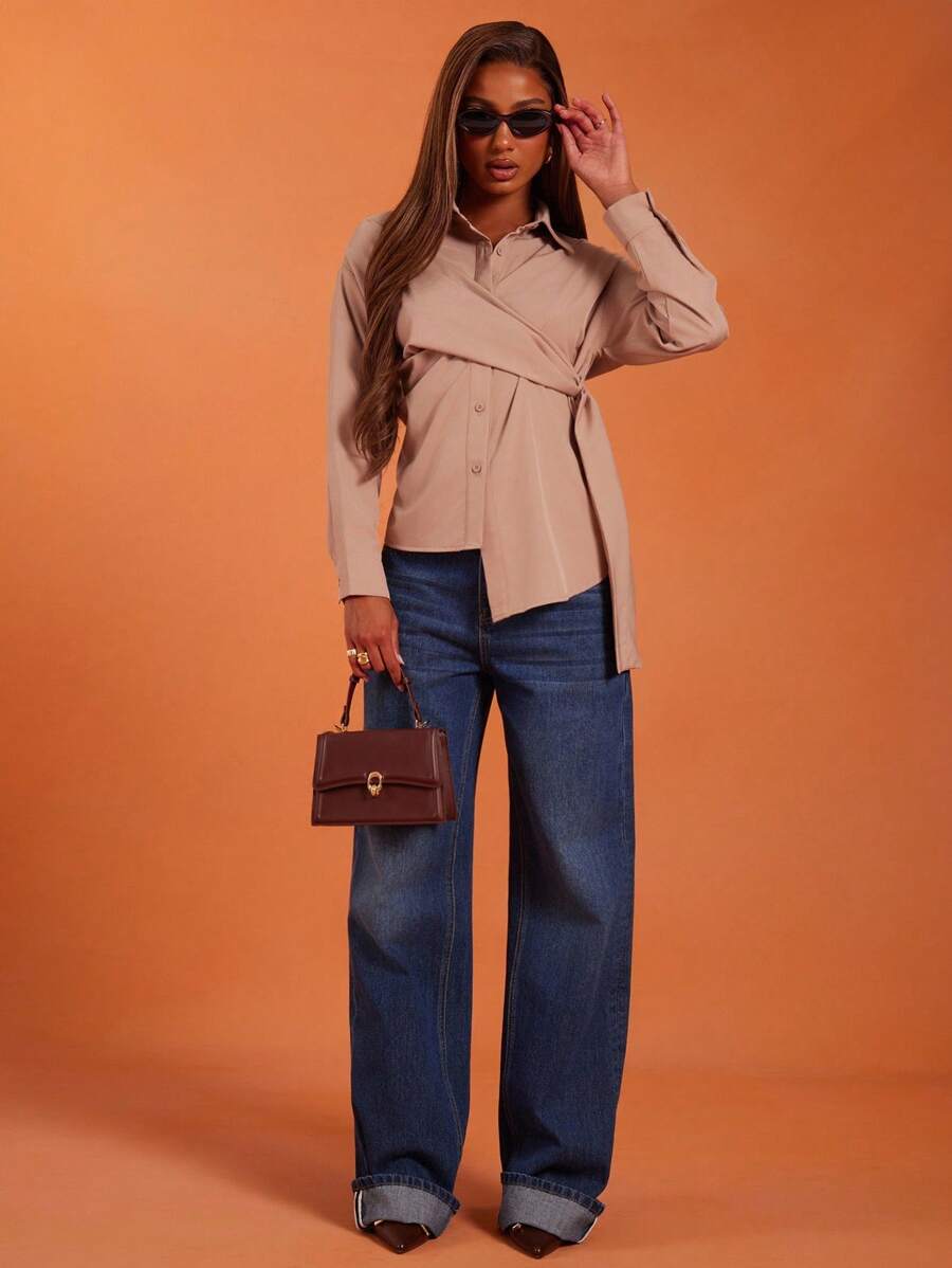 NYA SZN Top à manches longues avec col boutonné, cravate, tenue d'affaires, décontractée de tous les jours, modeste, de bureau, pour l'automne, déclaration, festival pour femmes - Tabac - Voir 1