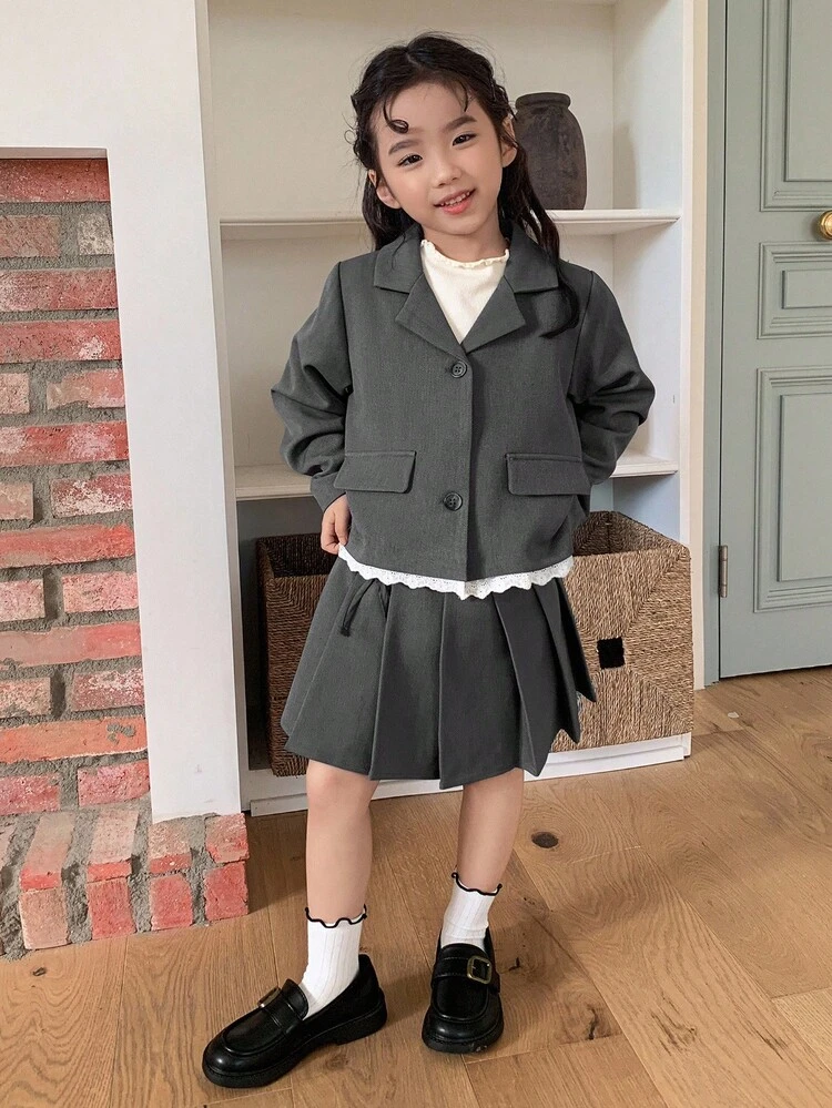 2pcs/Set Young Girls Solid Color Lace Patchwork Korean Style Jacket And Matching Skirt