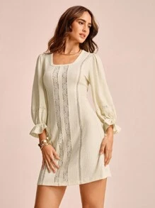 CAJUNI Women's Lace Patchwork Textured Semi-Sheer Boho Puff Sleeve A-Line Mini Dress - Cream - View 3