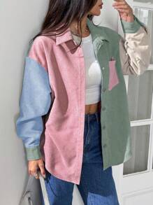SHEIN EZwear 休闲多色落肩夹克，带口袋和衣领，适合日常穿着，灯芯绒夹克，女士夹克，秋冬拼色夹克 - 彩色 - 查看 5