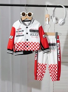 SHEIN Bộ 2 món/Bộ quần áo in chữ xe đua Y2K Streetwear dành cho bé trai, tay dài cài nút, sọc đen trắng, cổ bẻ, có gân, họa tiết đối xứng, thích hợp cho mùa thu/đông, tuyệt vời cho các môn thể thao ngoài trời, thời trang dạo phố, tiệc tùng hoặc mặc hàng ngày, áo khoác biker cho bé, bộ đồ đua xe, áo khoác thể thao cho trẻ sơ sinh, quần thể thao cho bé, 6 tháng-3 tuổi - Nhiều màu - Xem 2