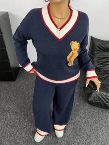 Sunnyshic Plus Size Women's Cute Bear Pattern Jacquard Knit V-Neck Sweater & Pants Set,Navy Blue,Autumn,Casual,School,Back-To-School 2-Piece Sweater Set - Royal Blue - View 5