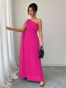 Rafferiza Women's Elegant Luxury Mesh One Shoulder Dress With Gold Embroidery Applique, A-Line Summer Dress Powdered Rose - Hot Pink - View 4