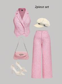 SHEIN MOD Conjunto de 2 piezas de top sin mangas y pantalones para uso diario y casual en talla grande, conjunto de mujer color rosa para otoño/invierno - Rosa - Ver 1