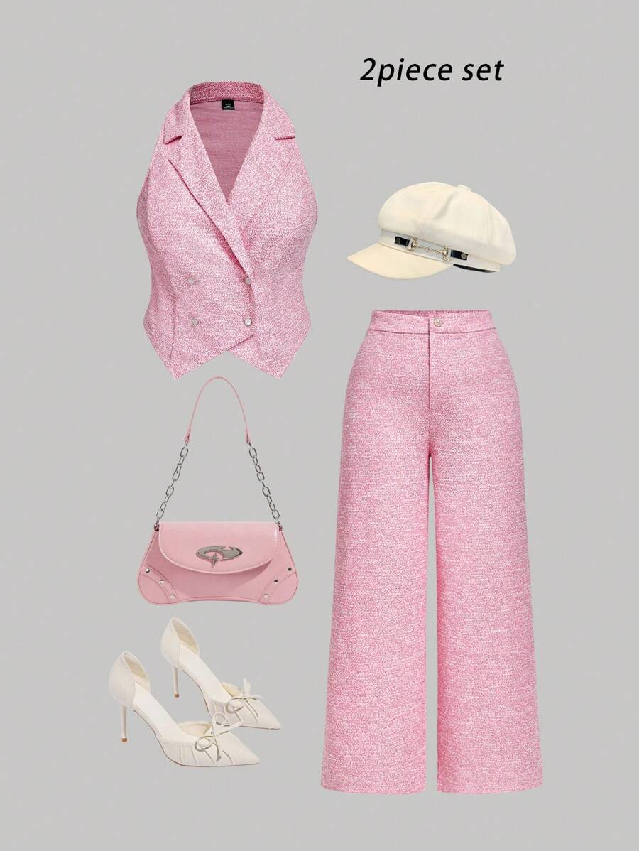 SHEIN MOD Conjunto de 2 piezas de top sin mangas y pantalones para uso diario y casual en talla grande, conjunto de mujer color rosa para otoño/invierno - Rosa - Ver 1