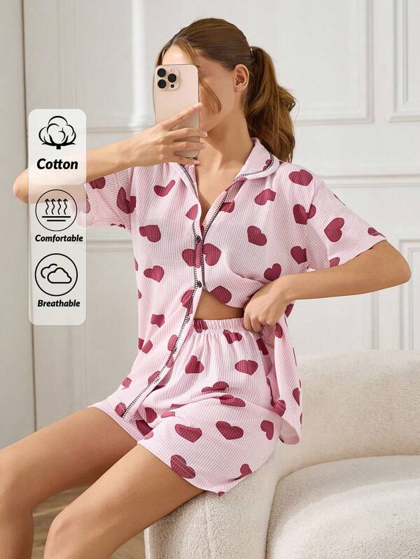 EURMUSE Women 2 Pcs Button Front With Contrast Colour Stitch Detail Striped&Heart Pattern Homewear PJ Set Heart Pajama Set Short Pajamas Set Women Cute Sleep Wear Women Women's Heart Print Pajama Set Heart Print Sleepwear