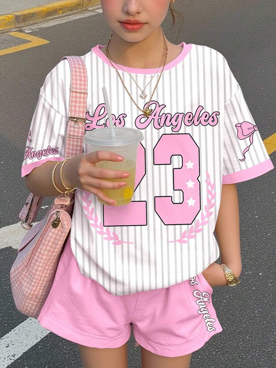 SHEIN Leap Crew 2 件套青少年女孩休闲闪光条纹蝴蝶结字母和篮球印花宽松圆领短袖 T 恤和休闲短裤,适合夏季,凉爽 - 彩色 - 查看 1