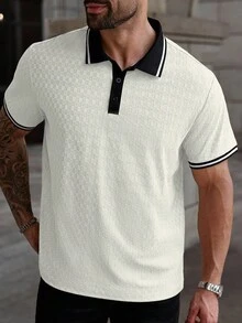 Manfinity Homme 大码男士休闲纹理撞色饰边短袖 Polo 衫，夏季 - 米色 - 查看 3