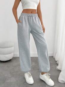 EURMUSE Solid Drawstring Waist Slant Pocket Sweatpants - Grey - View 3
