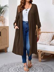 EMERY ROSE Plus Size Women's Fashion Casual Cuffed Sleeve Open Front Long Cardigan,Fall Clothes For Women Winter Autumn - Brown - View 5