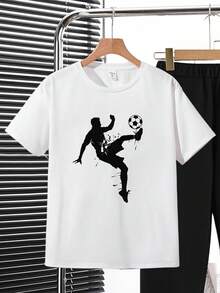 SHEIN Tween Boy Casual Football & Letter Print Short Sleeve Top And Pants 2 Pieces Set, Sports & Street Style, Suitable For Summer - Black and White - View 3