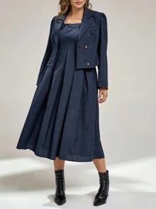 Auralis Plus Size Women's Navy Blue Summer Elegant Semi Formal Suit Set,Long-Sleeved Jacket & Suspender Dress,Business Casual Work Wear Office Fall Outfits - Blue - View 4