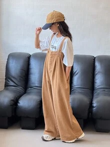 SHEIN Tween Girls Y2K Khaki Washed Oversize Baggy Wide Leg Denim Jumpsuit,Back-To-School Streetwear,Summer School Outfit,Autumn Winter Camel Casual Jeans - Khaki - View 6