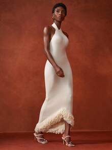 Zivah 2025 年夏季新品，适合生日派对、返校、校园风格、日常穿着、休闲装、度假装、邮轮旅行、海滩装、日光浴装、街头风格、优雅装、通勤装、商务休闲装、无袖圆领、修身装、不对称下摆、前短后长、针织、女式长款针织超长连衣裙 - 杏色 - 查看 2