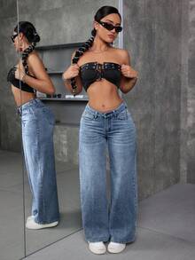 SHEIN ICON Jeans de pierna ancha sueltos con decoración de cadena de cintura baja para mujeres de talla grande