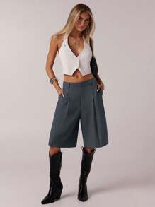 SHEIN Forever 21 女士极简百慕大短裤，春季通勤 - 藏蓝色 - 查看 3