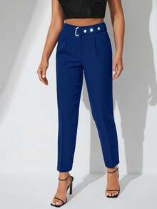 SHEIN Cottnline Túi bên Thắt lưng Dài Quần - Xanh đậm - Xem 4