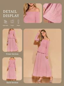 Amorya Women's New Off Shoulder & Chiffon Skirt 2 Pieces Set, Pink, Elegant For Daily Wear, Autumn Elegant Midi Dress Pink Chic Autumn - Pink - View 4