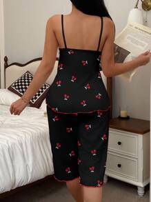 EasyFave Women's Contrast Color Cherry Print V-Neck Camisole & 3/4 Pants Pajama Set Cherry Print Two Piece Set - Multicolor - View 2