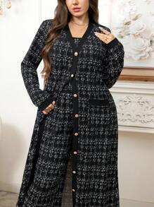 Gownix 大码女式两件套：格子长袖单排扣长外套和阔腿连体裤 - 黑色 - 查看 8