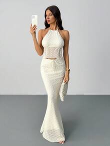 SHEIN Tall Women's Solid Color Backless Halter Top And Mermaid Hem Skirt Bodycon Sexy 2 Pieces Set - Beige - View 7