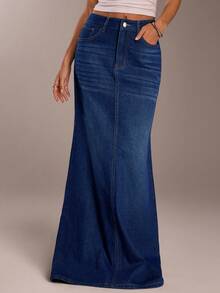 SHEIN Forever 21 Summer,Fall&Winter Women Blue Washed Loose/ High-Waist/ A-Line/Y2k/ Women Bottoms/Tall Women Jeans/Baggy Women Jeans/Straight Leg Jeans/Extra Long Maxi Denim Skirt - Navy Blue - View 3