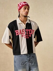 ROMWE MEN Street Life Men's Casual Colorblock Letter Print Short Sleeve Polo Shirt - Apricot - View 6
