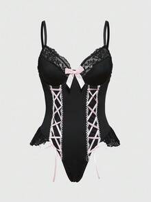 ROMWE Gothic Cute Bow Cross Underwire Sexy Bodysuit - Black - View 1