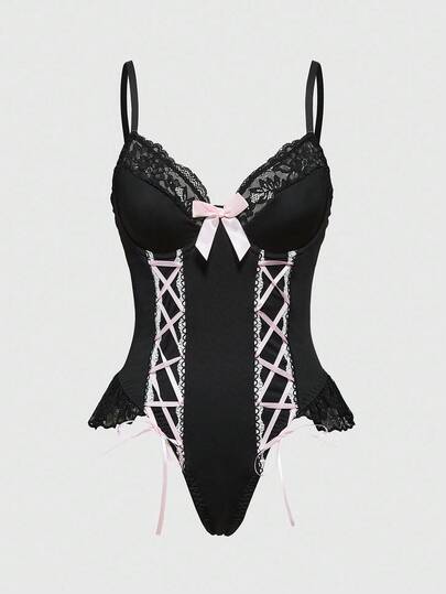 ROMWE Gothic Cute Bow Cross Underwire Sexy Bodysuit