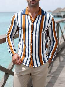 Manfinity Homme Cardigan casual masculino de manga longa, com uma fileira de botões, estampa listrada