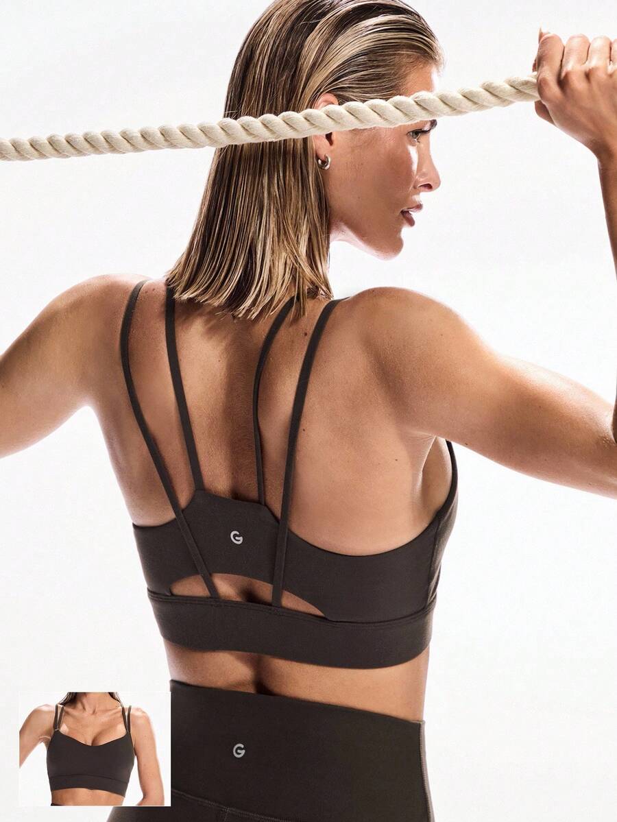 GLOWMODE FeatherFit™ Double-Strap Heart-Shaped Neck Sports Bra Low Impact Yoga Daily  Spring Summer - Chocolate Brown - View 1