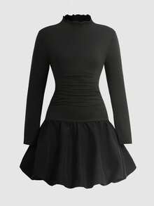 青少年女孩优雅街头风格高领修身褶饰长袖针织拼布纯色灯笼下摆连衣裙，可爱俏皮，适合万圣节派对、圣诞节，适合居家、郊游、节日、上学，黑色 - 黑色 - 查看 8