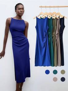 Maija Váy bảo hộ lao động không tay màu trơn có viền xẻ bên hông, màu đỏ hồng - Màu xanh lam - Xem 2