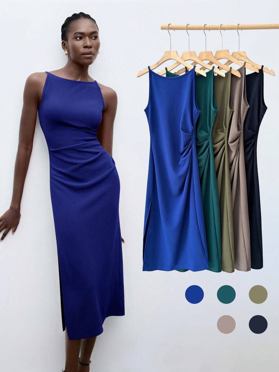 Maija Váy bảo hộ lao động không tay màu trơn có viền xẻ bên hông, màu đỏ hồng